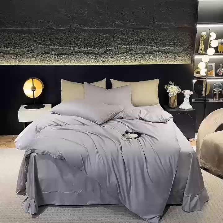 91家纺网 家纺一手货源 找家纺 氧家2025新款60支全棉贡缎纯色四件套 高级灰