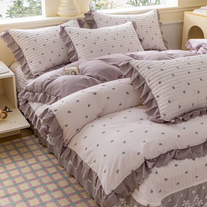 91家纺网 家纺一手货源 找家纺 珍爱家纺 2025新款A类针织棉双层纱夹棉床盖床裙花边单件三件四件套米亚