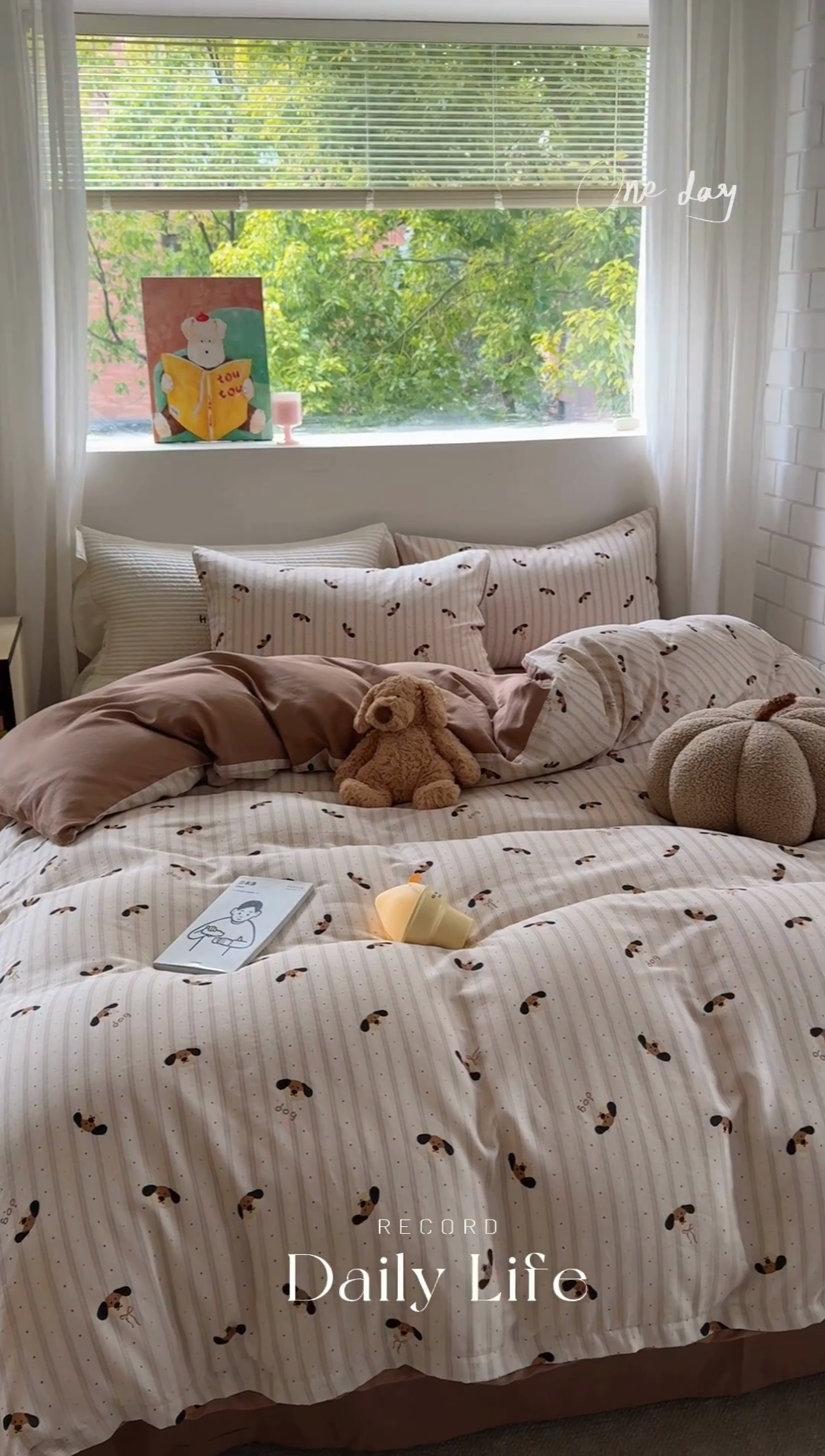 91家纺网 家纺一手货源 找家纺 2025新款全棉有氧双层纱四件套-卡通系列 条纹小狗