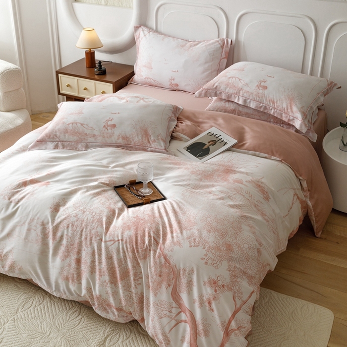 91家纺网 家纺一手货源 找家纺 金奇达2025新款【休闲午后】-轻氧水光莱赛尔四件套（标准号全网控价（折后券后）不低于258） 路易莎-粉