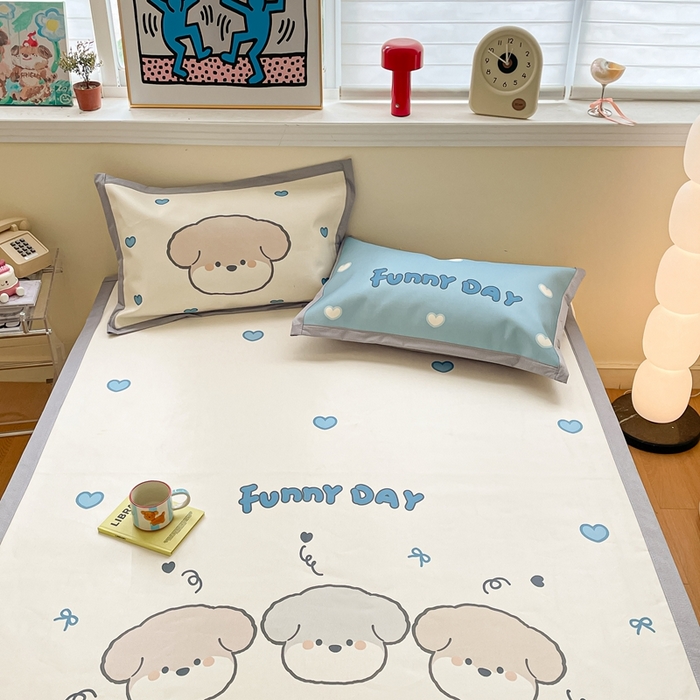 91家纺网 家纺一手货源 找家纺 川悦生活 2025新款大版凉感冰丝席三件套 叮咚小狗仔