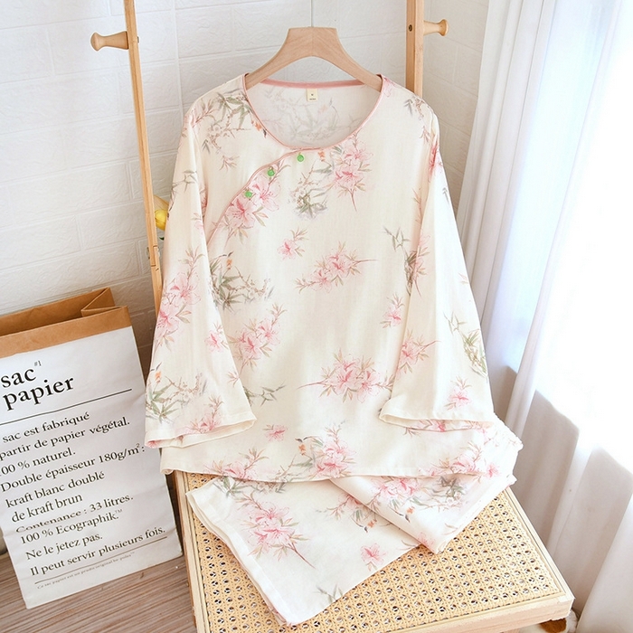 91家纺网 家纺一手货源 找家纺 洛兰沙家居馆【只代发】【只代发】 2025新款国风竹纤维鸟语花香春夏女睡衣大码长袖长裤自带凉感休闲套装 ls1309