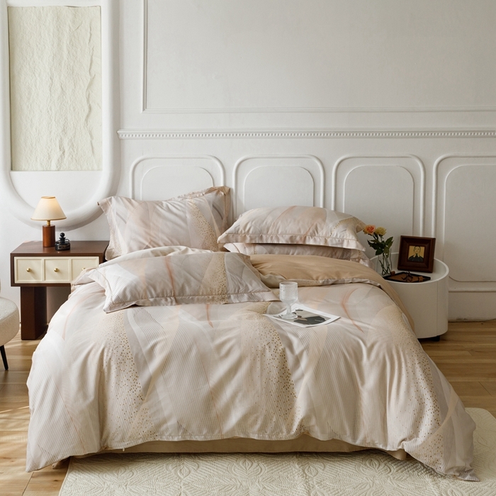 91家纺网 家纺一手货源 找家纺 金奇达2025新款【休闲午后】-轻氧水光莱赛尔四件套（标准号全网控价（折后券后）不低于258） 流金岁月