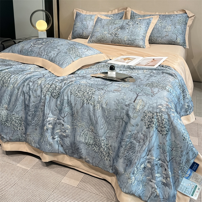 91家纺网 家纺一手货源 找家纺 笙意家纺 2025新款水洗冰丝数码印花拼角宽边夏被 菲尔德-卡其