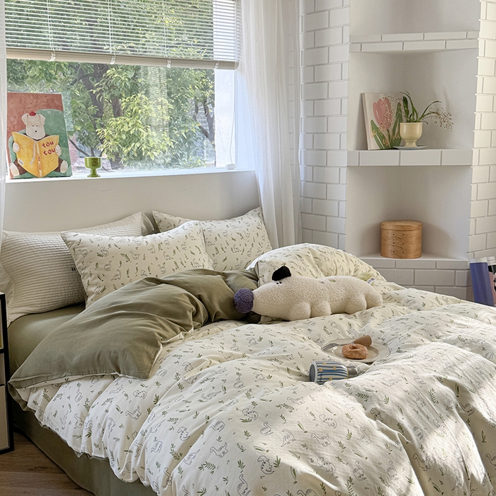 91家纺网 家纺一手货源 找家纺 2025新款全棉有氧双层纱四件套-卡通系列 快乐恐龙