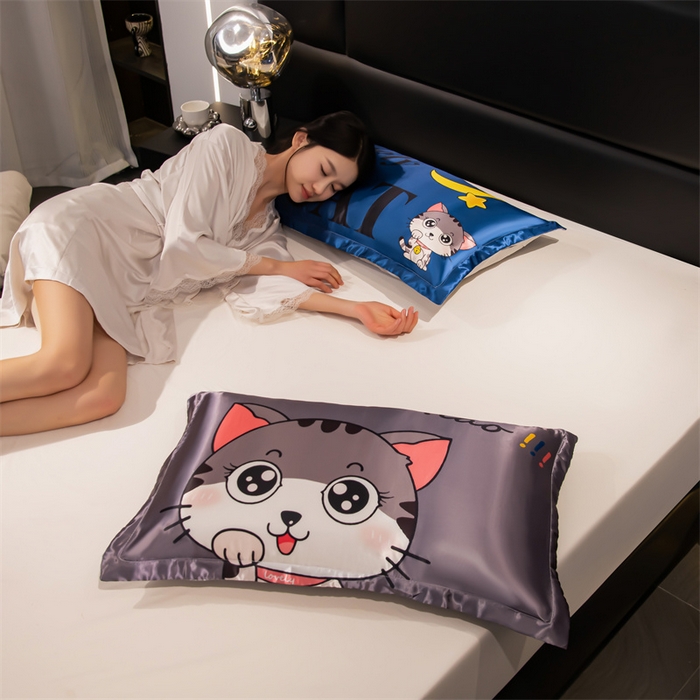 91家纺网 家纺一手货源 找家纺 梦舒羽 2025新款可水洗冰丝卡通枕套宿舍48x74cm单人凉爽枕头套 招财小猫