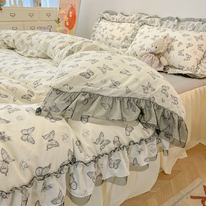 91家纺网 家纺一手货源 找家纺 眠帛家居 2025新款A类皱皱纱蕾丝花边四件套 蝶舞