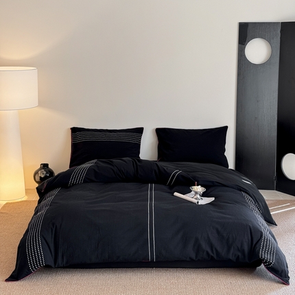 山舍家居 2025新款全棉色织穿针提花四件套-久野 久野-黑