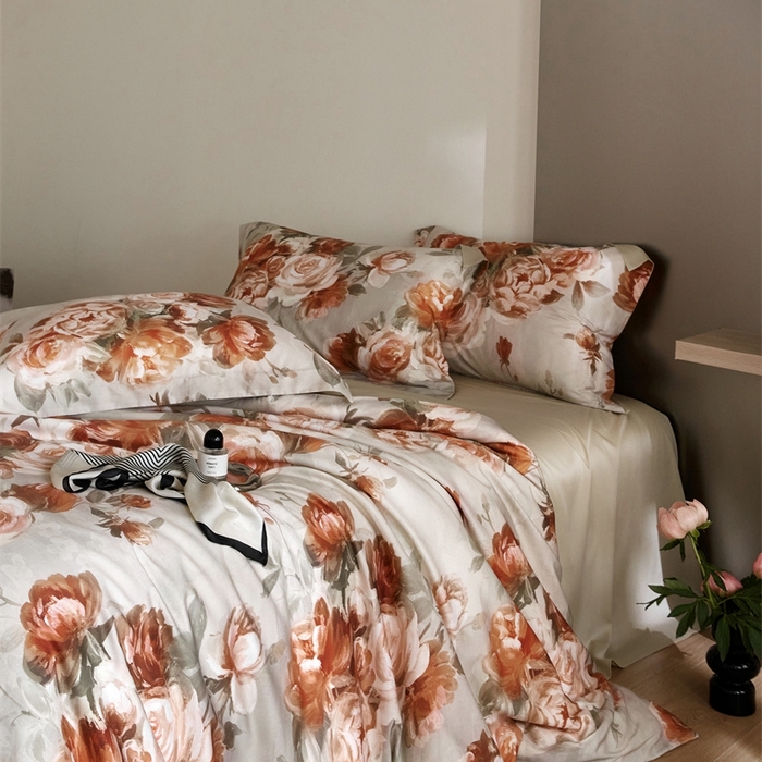 91家纺网 家纺一手货源 找家纺 金奇达2025新款【艺术花卉】-茧养莱赛尔四件套（标准号全网控价（折后券后）不低于228元） 妮缇-咖