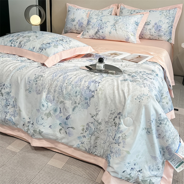 91家纺网 家纺一手货源 找家纺 笙意家纺 2025新款水洗冰丝数码印花拼角宽边夏被 素瑾