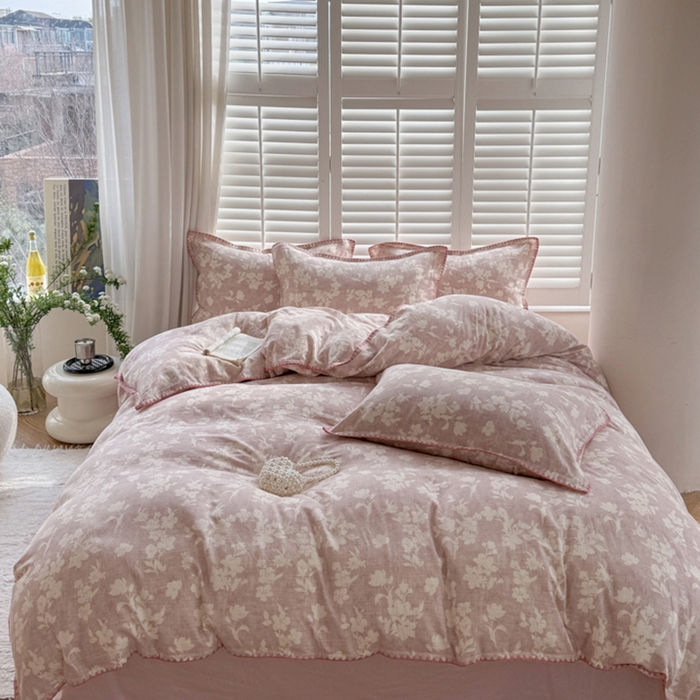 91家纺网 家纺一手货源 找家纺 金丝鸟家纺 2025新款全棉双层纱贝壳边四件套花卉系列 花影