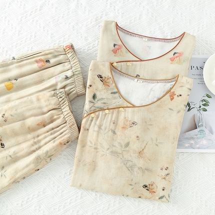 洛兰沙家居馆【只代发】【只代发】 2025新款国风竹纤维鸟语花香春夏女睡衣大码长袖长裤自带凉感休闲套装 ls1303