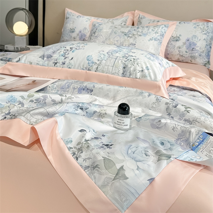 91家纺网 家纺一手货源 找家纺 笙意家纺 2025新款水洗冰丝数码印花拼角宽边夏被 素瑾