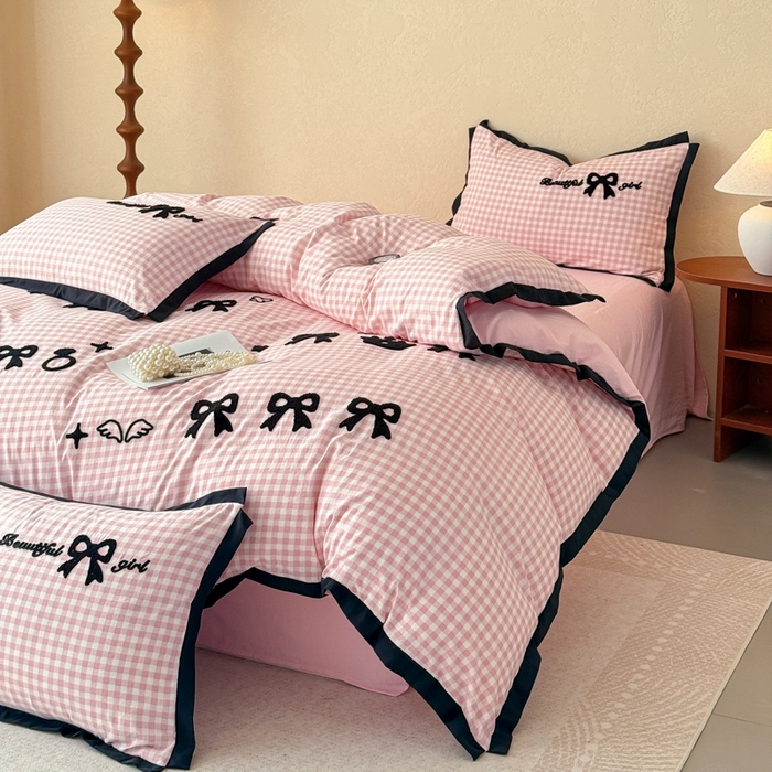 91家纺网 家纺一手货源 找家纺 米可2025新款水洗棉绣花花边款四件套 蝴蝶结-粉