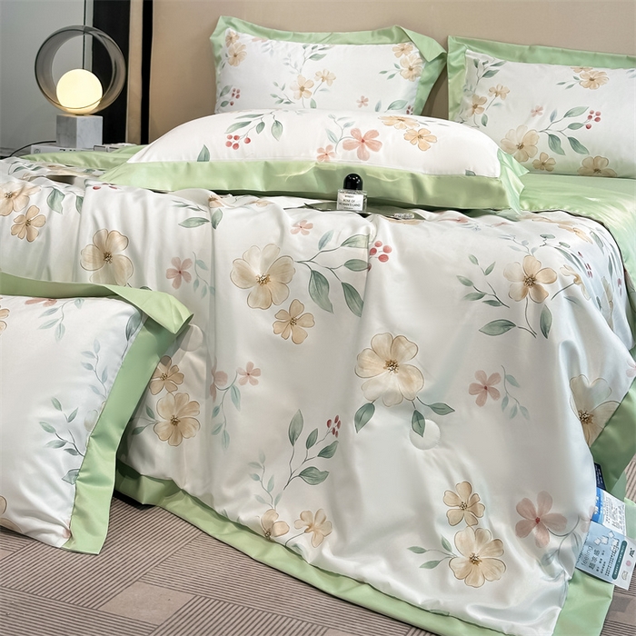 91家纺网 家纺一手货源 找家纺 笙意家纺 2025新款水洗冰丝数码印花拼角宽边夏被 花漫