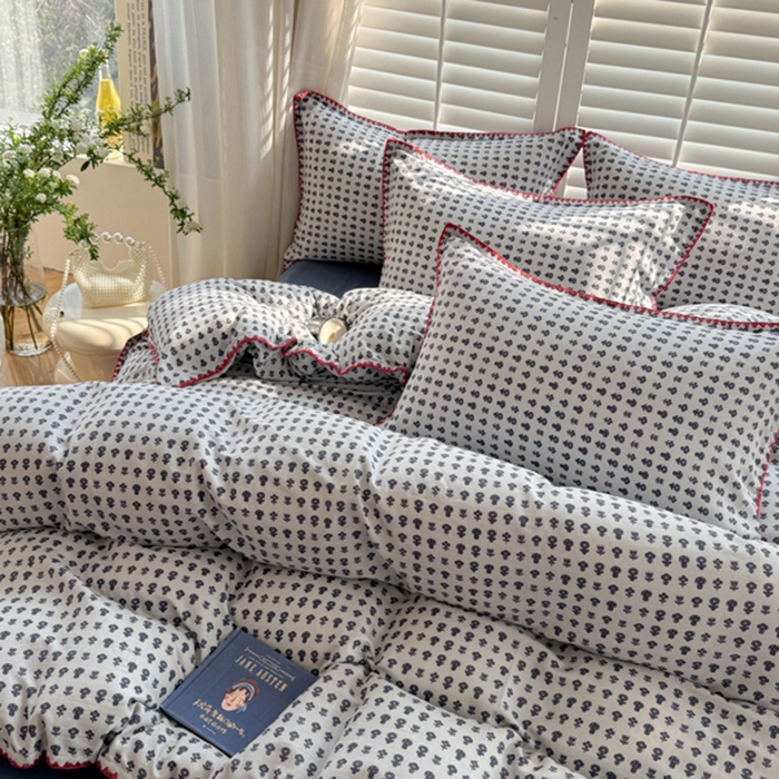 91家纺网 家纺一手货源 找家纺 金丝鸟家纺 2025新款全棉双层纱贝壳边四件套花卉系列 吉祥