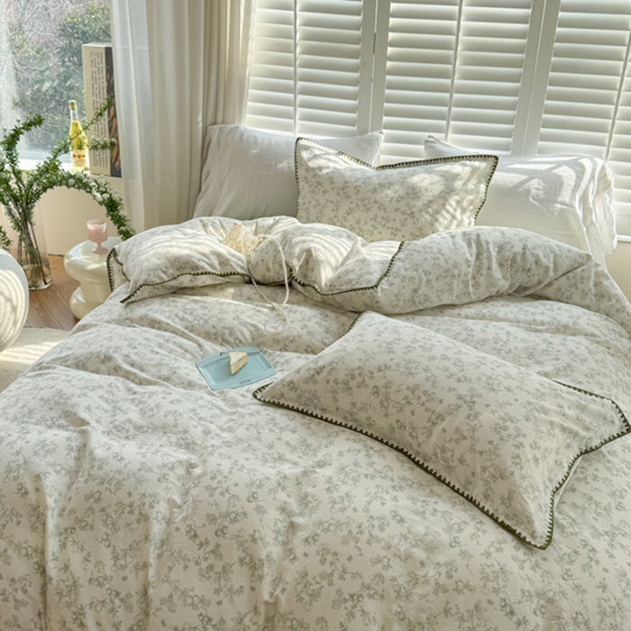 91家纺网 家纺一手货源 找家纺 金丝鸟家纺 2025新款全棉双层纱贝壳边四件套花卉系列 绿意枝头