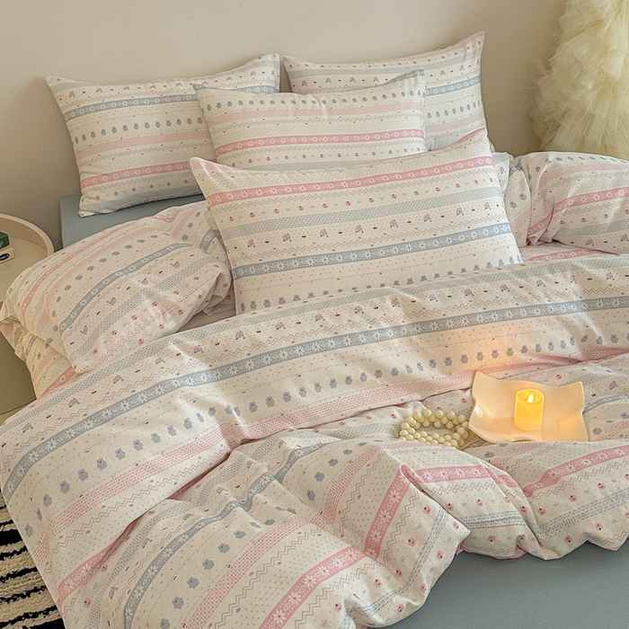 91家纺网 家纺一手货源 找家纺 塞纳 2026新款.全棉有氧双层纱四件套-场景二-觅可-粉