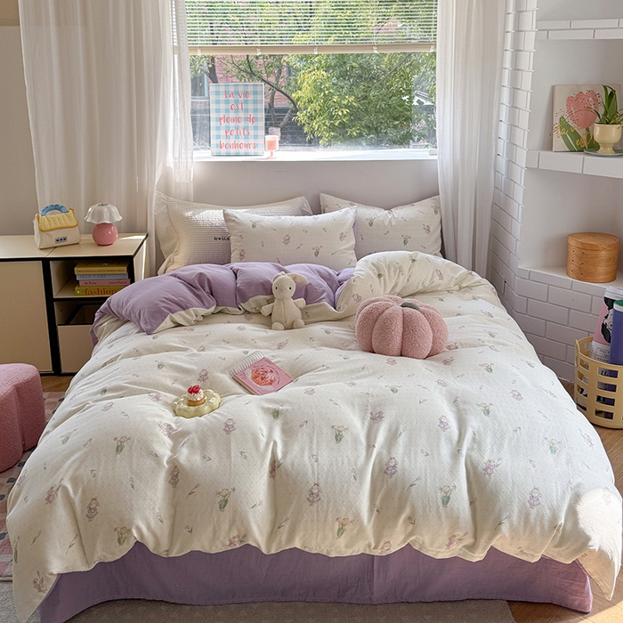 91家纺网 家纺一手货源 找家纺 2025新款全棉有氧双层纱四件套-卡通系列 郁金香甜兔