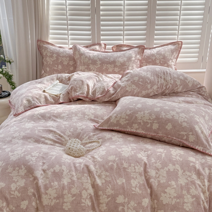 91家纺网 家纺一手货源 找家纺 金丝鸟家纺 2025新款全棉双层纱贝壳边四件套花卉系列 花影