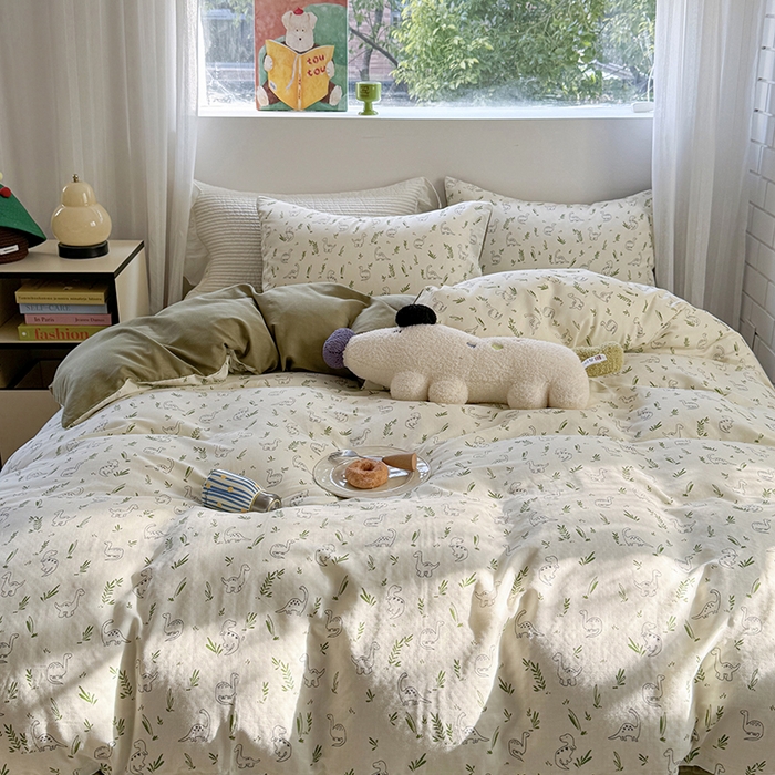 91家纺网 家纺一手货源 找家纺 2025新款全棉有氧双层纱四件套-卡通系列 快乐恐龙