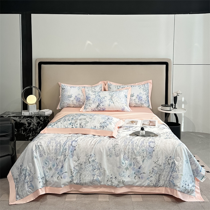 91家纺网 家纺一手货源 找家纺 笙意家纺 2025新款水洗冰丝数码印花拼角宽边夏被 素瑾