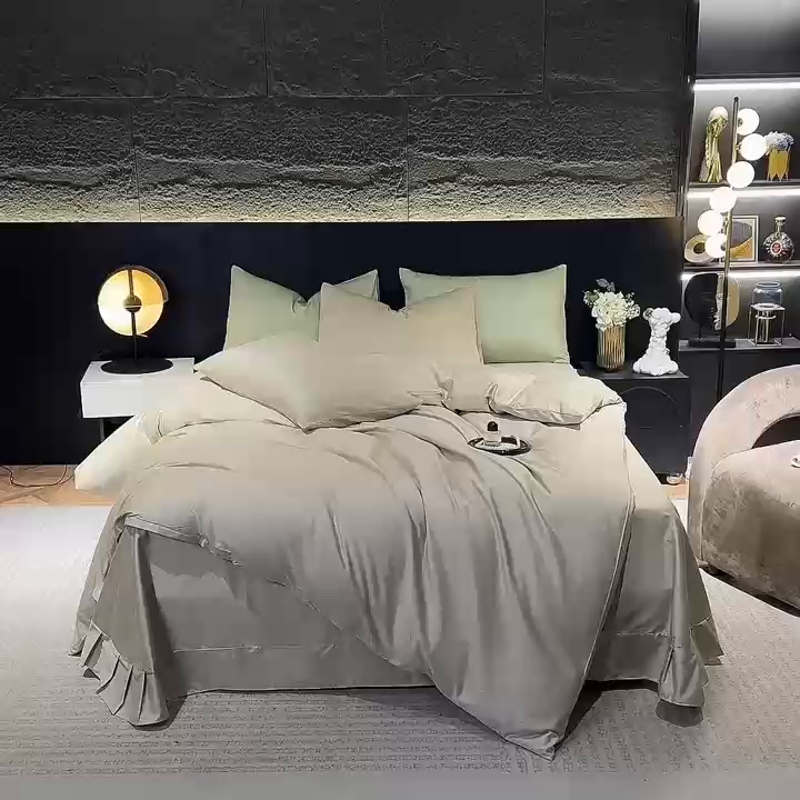 91家纺网 家纺一手货源 找家纺 氧家2025新款60支全棉贡缎纯色四件套 香槟金