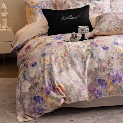 佳汐蓝家纺 2025新款春夏100贡缎长绒棉数码印花四件套 莫奈的春天