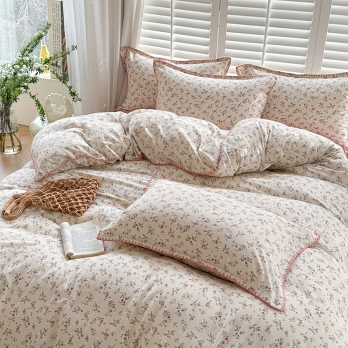 91家纺网 家纺一手货源 找家纺 金丝鸟家纺 2025新款全棉双层纱贝壳边四件套花卉系列 浅汐