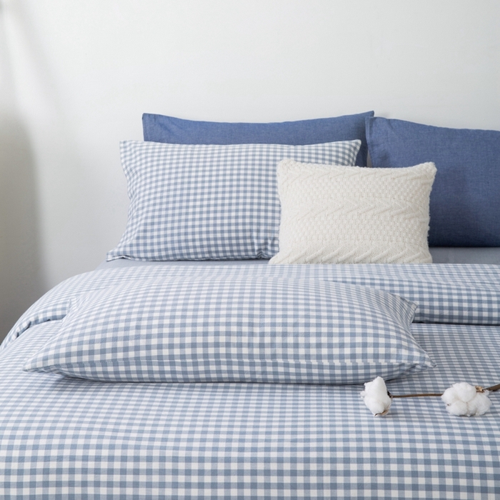 91家纺网 家纺一手货源 找家纺 玖弘家居 2025新款水洗棉单被套 浅蓝小格