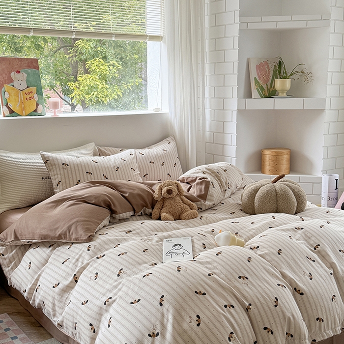 91家纺网 家纺一手货源 找家纺 2025新款全棉有氧双层纱四件套-卡通系列 条纹小狗