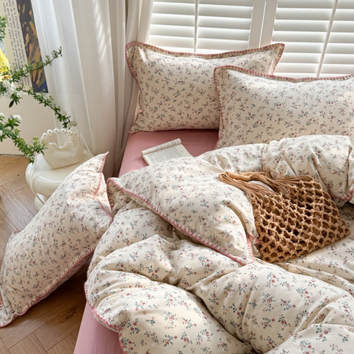 91家纺网 家纺一手货源 找家纺 金丝鸟家纺 2025新款全棉双层纱贝壳边四件套花卉系列 浅汐