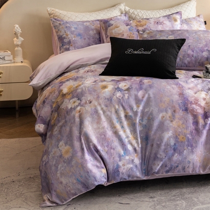 佳汐蓝家纺 2025新款春夏100贡缎长绒棉数码印花四件套 莫奈紫