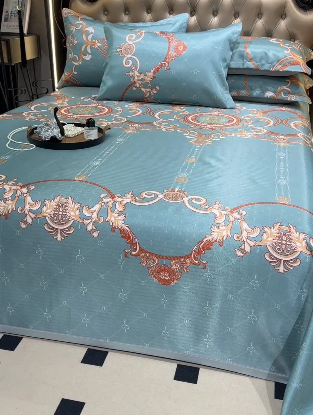 91家纺网 家纺一手货源 找家纺 肖恩毯业 2025新款印花斜纹冰丝席三件套 檐下听雨