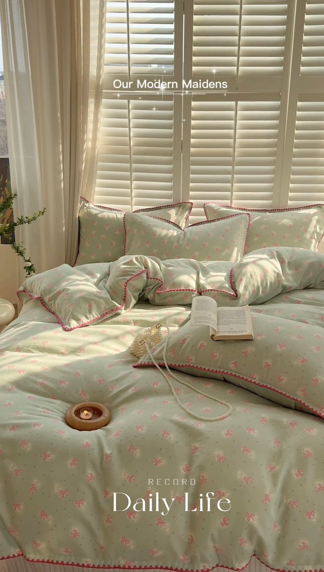 91家纺网 家纺一手货源 找家纺 金丝鸟家纺 2025新款全棉双层纱贝壳边四件套花卉系列 绿色蝴蝶结