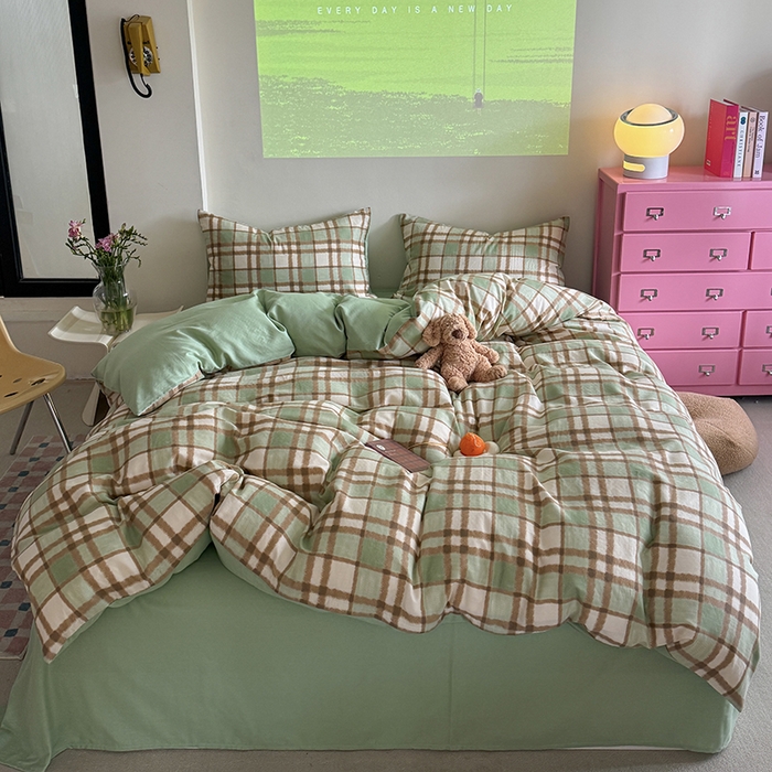 91家纺网 家纺一手货源 找家纺 2025新款全棉有氧双层纱四件套-简约系列 格调-绿