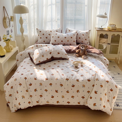 91家纺网 家纺一手货源 找家纺 悦织湾家纺2025新款高克重卡通水洗棉印花四件套学生宿舍单双人床上用品三四件套 卡通-蘑菇森林