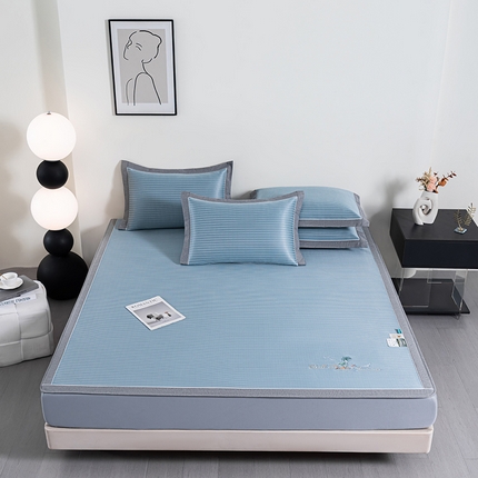 小牛席业 2025新款海岛夏日A类凉感冰丝席（床笠款）凉席藤席冰藤席冰丝席竹席空调席草席乳胶席豆豆席三件套 蓝色