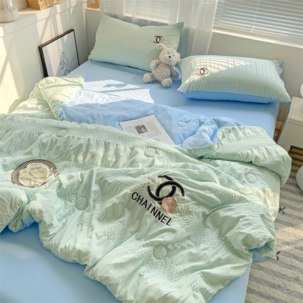 灰鲸 2025新款泡泡纱艾丽莎刺绣夏被四件套系列 泡泡纱艾丽莎-薄荷绿+天空蓝