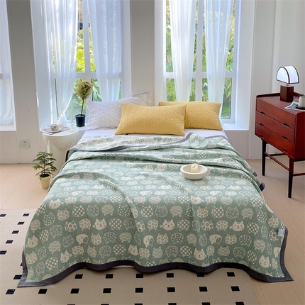 鸣升家纺 2025新款a类全棉三层纱多功能毛巾被盖毯床单夏被空调被 百变猫咪-绿