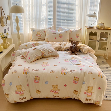 91家纺网 家纺一手货源 找家纺 悦织湾家纺2025新款高克重卡通水洗棉印花四件套学生宿舍单双人床上用品三四件套 卡通-甜心小熊