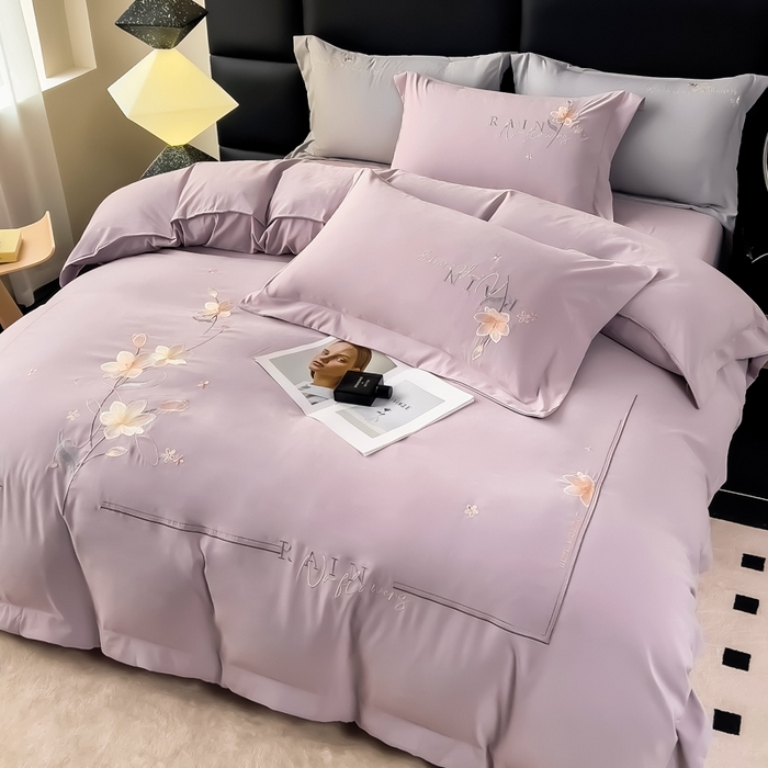 91家纺网 家纺一手货源 找家纺 （总）曲之慕 2025新品四季款高端刺绣四件套简约可水洗轻奢纯色刺绣四件套--流光