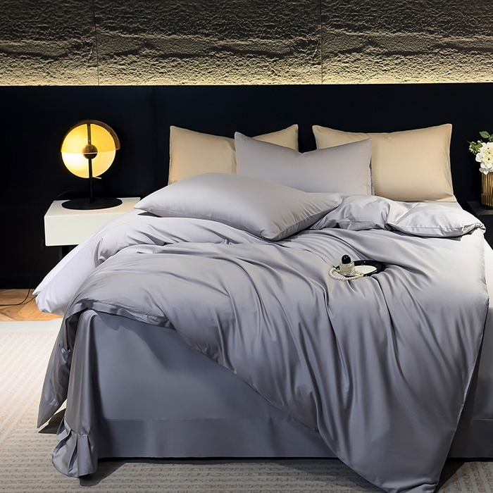 91家纺网 家纺一手货源 找家纺 氧家2025新款60支全棉贡缎纯色四件套 高级灰