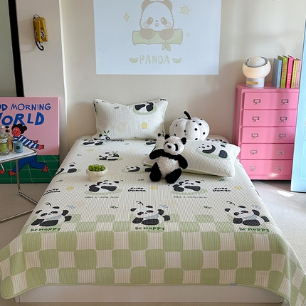 91家纺网 家纺一手货源 找家纺 麦伦家居 2025新款高温砂洗全棉床盖印花床盖 熊猫