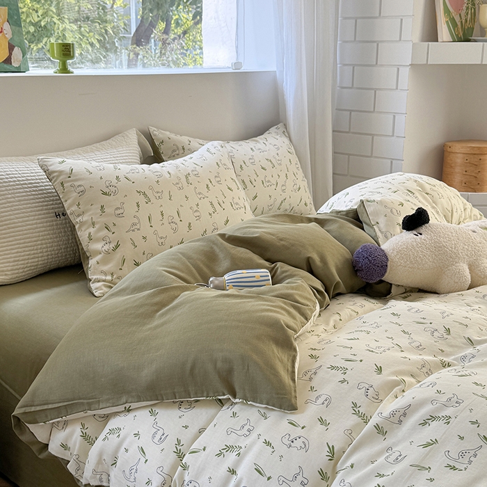 91家纺网 家纺一手货源 找家纺 2025新款全棉有氧双层纱四件套-卡通系列 快乐恐龙