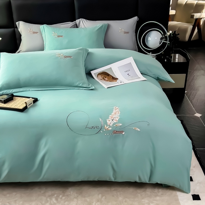 91家纺网 家纺一手货源 找家纺 曲之慕 2025新品四季款高端刺绣四件套简约可水洗轻奢纯色刺绣四件套 大麦冰星绿