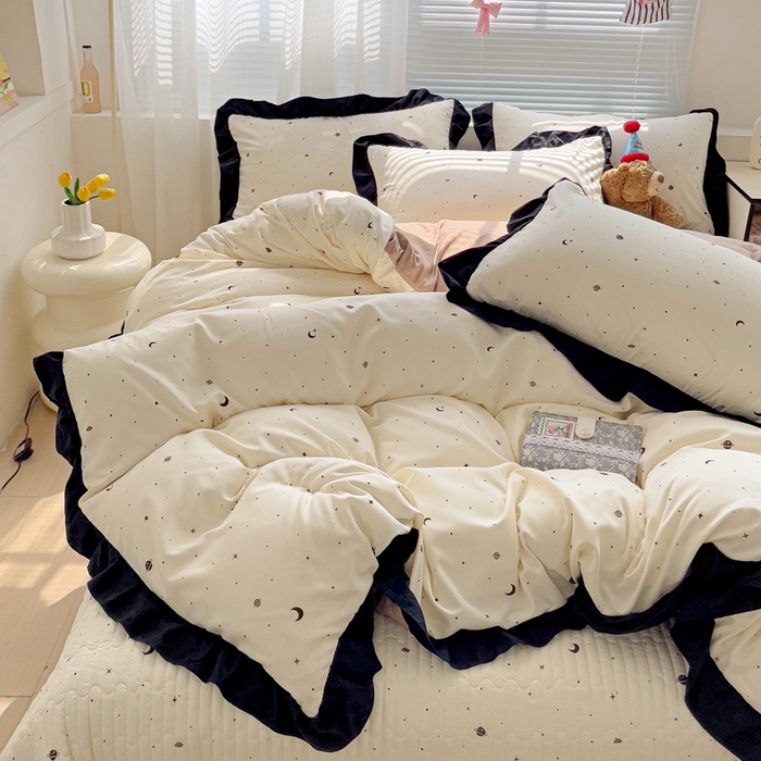 91家纺网 家纺一手货源 找家纺 富米莱（原臻工厂）2025新款A类针织双层纱赫本风床盖四件套 星空物语一咖