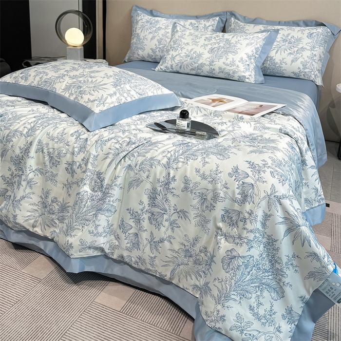 91家纺网 家纺一手货源 找家纺 笙意家纺 2025新款水洗冰丝数码印花拼角宽边夏被 初语