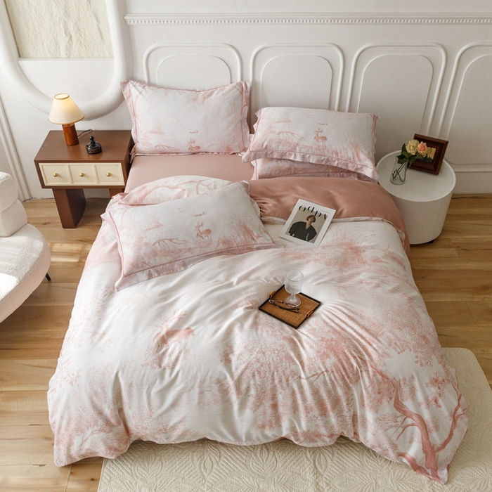 91家纺网 家纺一手货源 找家纺 金奇达2025新款【休闲午后】-轻氧水光莱赛尔四件套（标准号全网控价（折后券后）不低于258） 路易莎-粉