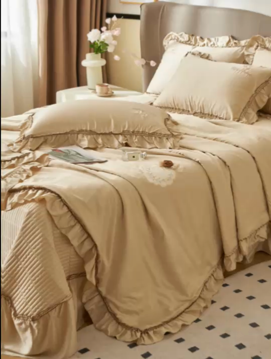 91家纺网 家纺一手货源 找家纺 恒爱家纺  2025新款莫代尔柔情似水多功能夏被床盖四件套			 			 梦幻金